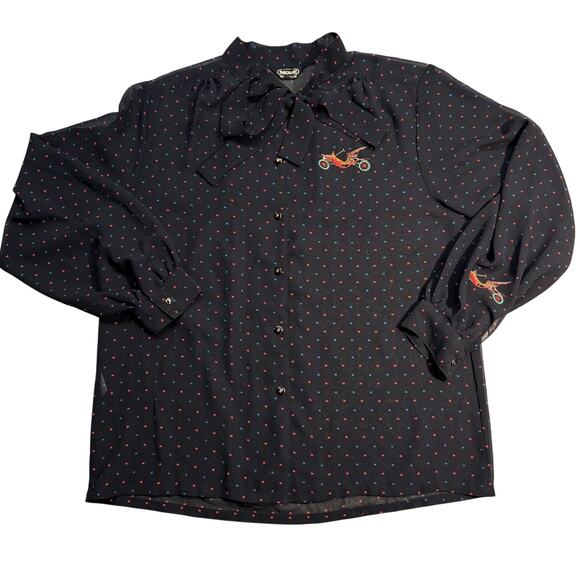 Vintage 70 80s Novelty Car Tie Neck Bow Blouse Retro Holiday Christmas Top Large - Picture 1 of 8